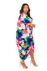 Buxom Couture Curvy Women Plus Size Printed Cinch Waist Kaftan Dress Pink Multi