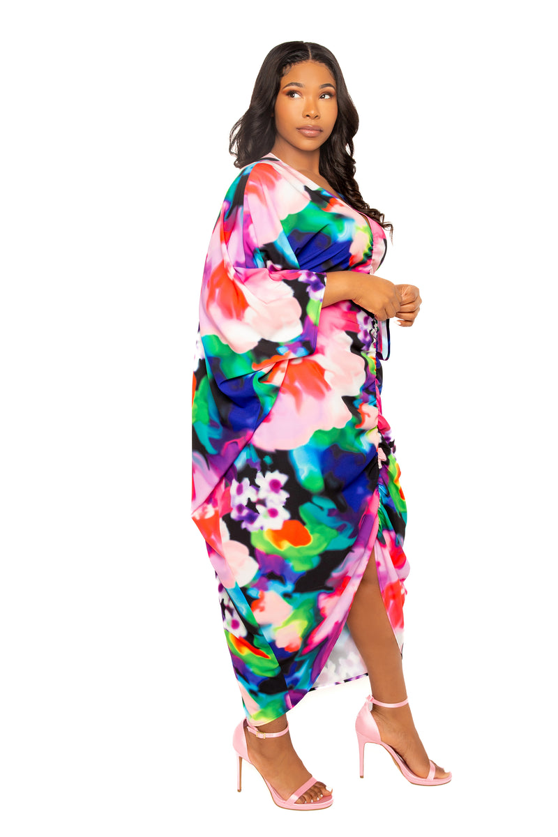Buxom Couture Curvy Women Plus Size Printed Cinch Waist Kaftan Dress Pink Multi