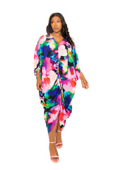 Buxom Couture Curvy Women Plus Size Printed Cinch Waist Kaftan Dress Pink Multi