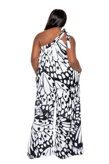buxom couture curvy women plus size printed one shoulder tie jumpsuit black and white butterfly