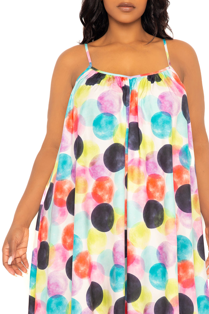 Buxom Couture Curvy Women Plus Size Pastel Polka Dot Voluminous Maxi Dress Violet Multi