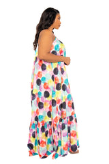 Buxom Couture Curvy Women Plus Size Pastel Polka Dot Voluminous Maxi Dress Violet Multi