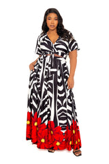 Buxom Couture Curvy Women Plus Size  Animal Print Wrap Crop Top & Maxi Skirt Set Zebra Flower