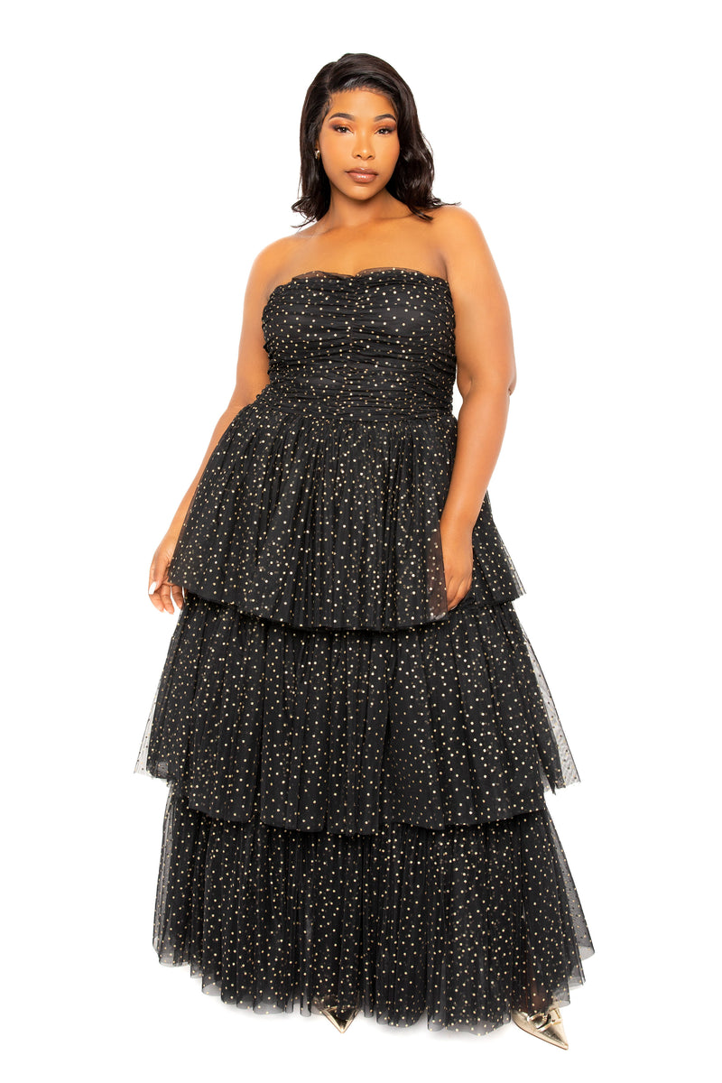 Buxom Couture Curvy Women Plus Size Metallic Polka Dot Tiered Tulle Dress Black