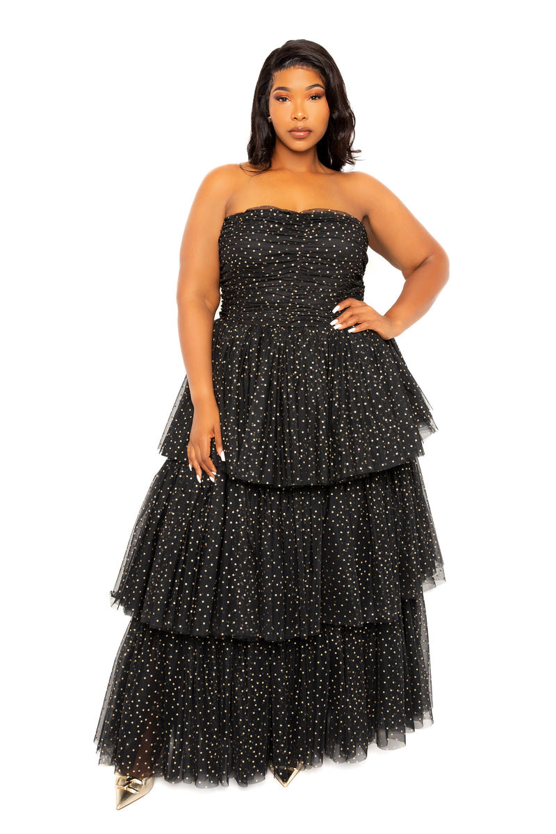 Buxom Couture Curvy Women Plus Size Metallic Polka Dot Tiered Tulle Dress Black