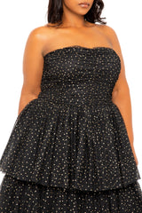 Buxom Couture Curvy Women Plus Size Metallic Polka Dot Tiered Tulle Dress Black