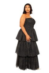 Buxom Couture Curvy Women Plus Size Metallic Polka Dot Tiered Tulle Dress Black