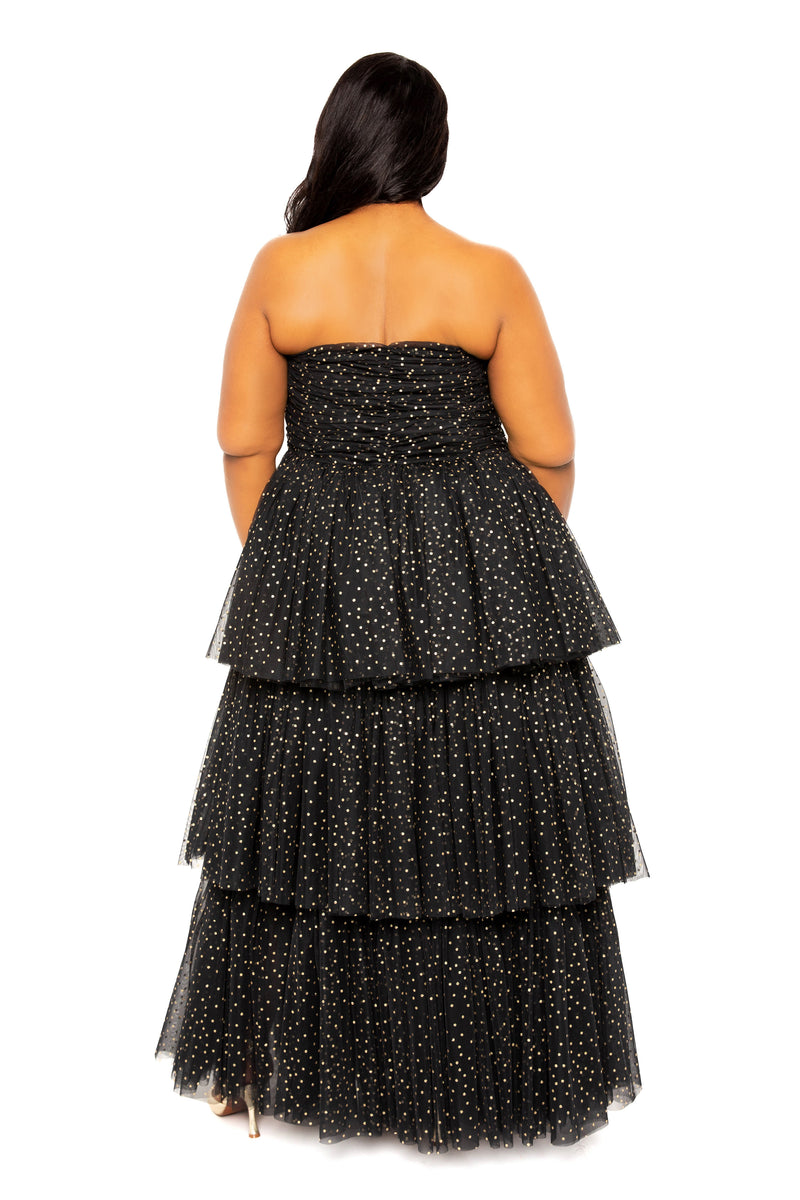 Buxom Couture Curvy Women Plus Size Metallic Polka Dot Tiered Tulle Dress Black