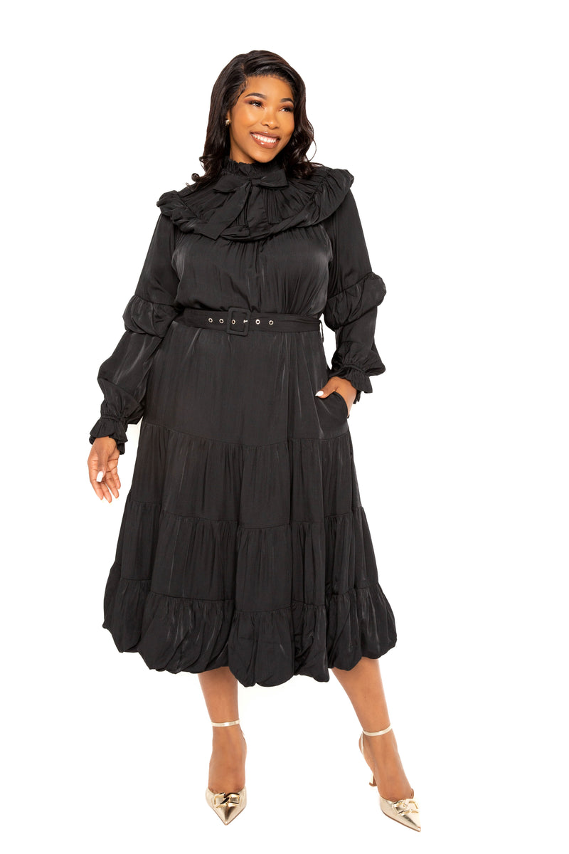 Buxom Couture Women Plus Size Tie Neck Bib Bubbled Hem Midi Dress Black