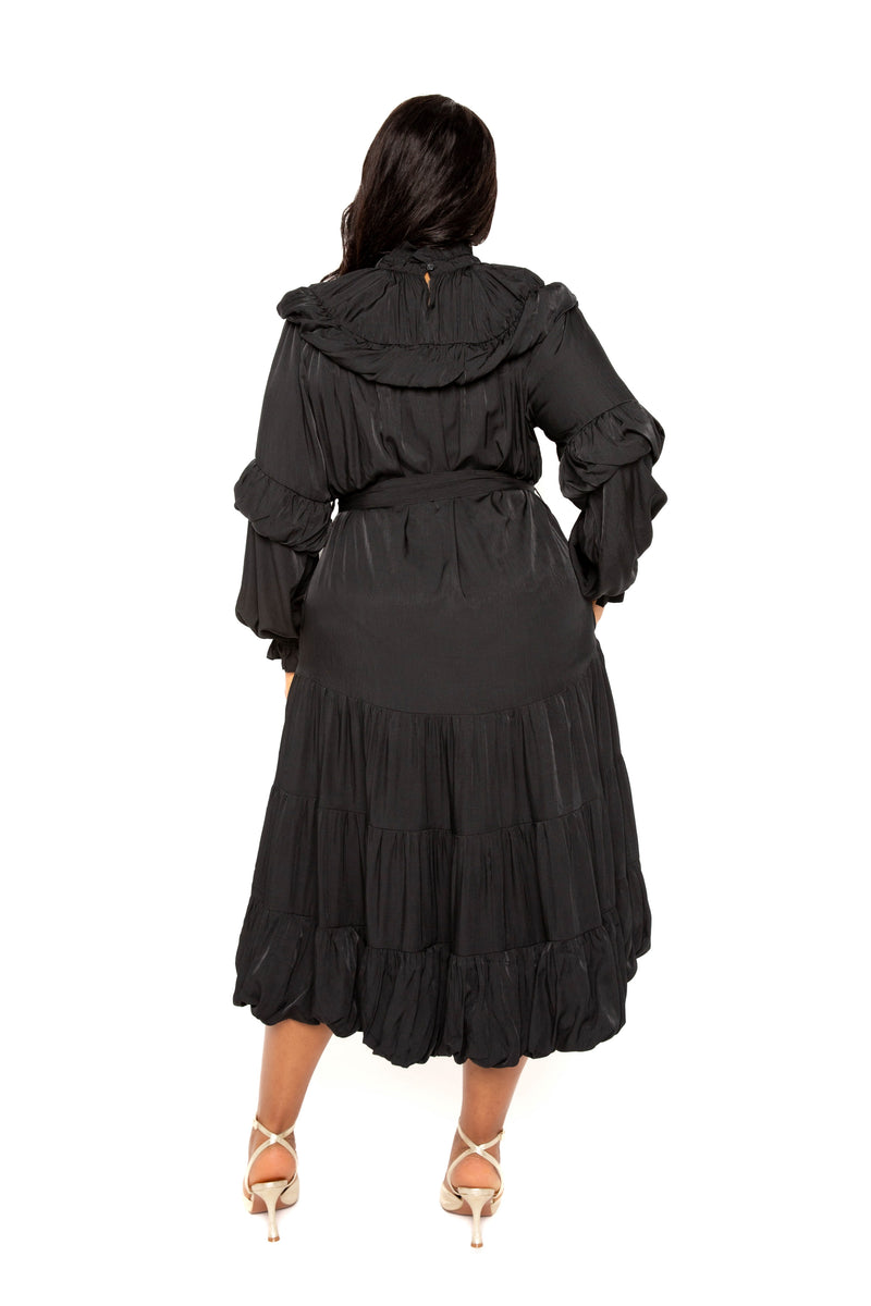 Buxom Couture Women Plus Size Tie Neck Bib Bubbled Hem Midi Dress BlackBuxom Couture Women Plus Size Tie Neck Bib Bubbled Hem Midi Dress Black