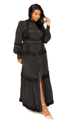 Buxom Couture Women Plus Size Belted Shirt Dress with Ruffle Detail Black
