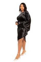 Buxom Couture Curvy Women Plus Size One Shoulder Velvet Dress with Gloves Black