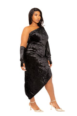 Buxom Couture Curvy Women Plus Size One Shoulder Velvet Dress with Gloves Black