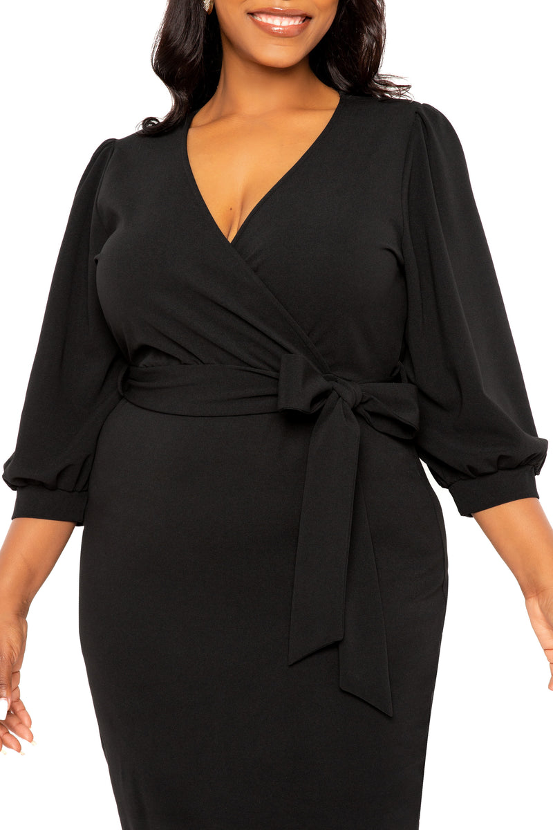 BUXOM COUTURE Women's Faux Wrap Midi Dress - Black - Casual dresses BUXOM COUTURE Women's Faux Wrap Midi Dress - Black - Casual dresses