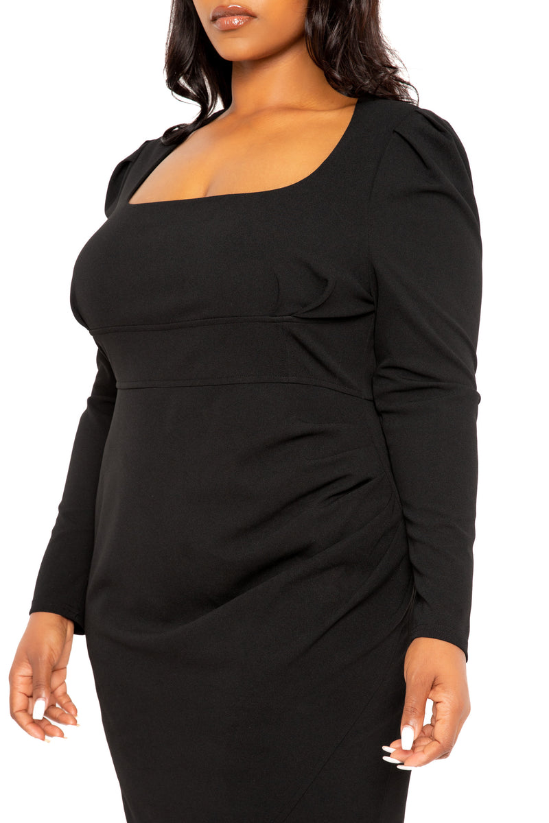Buxom Couture Curvy Women Plus Size Square Neck Bodycon Dress with Slit Black 