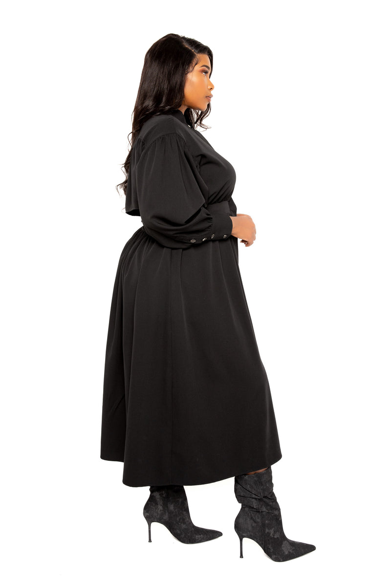 Buxom Couture Curvy Women Plus Size Cut Out Back Shirt Dress Black