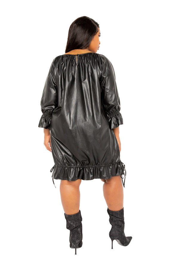 Buxom Couture Curvy Women Plus Size Faux Leather Midi Dress with Drawstring Hem Black