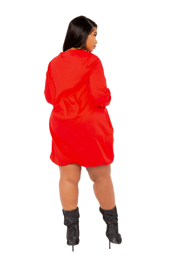 Buxom Couture Curvy Women Plus Size Bubbled Poplin Mini Dress Red