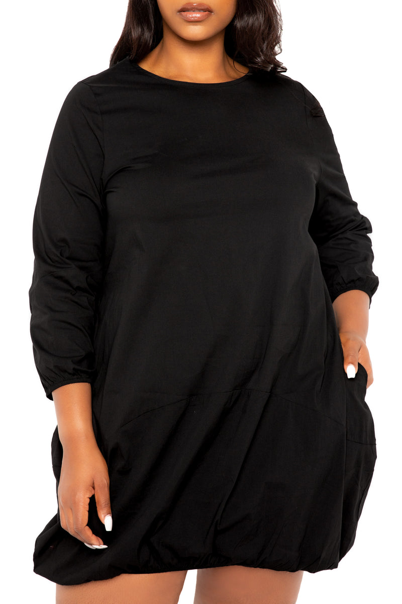 Buxom Couture Curvy Women Plus Size Bubbled Poplin Mini Dress Black