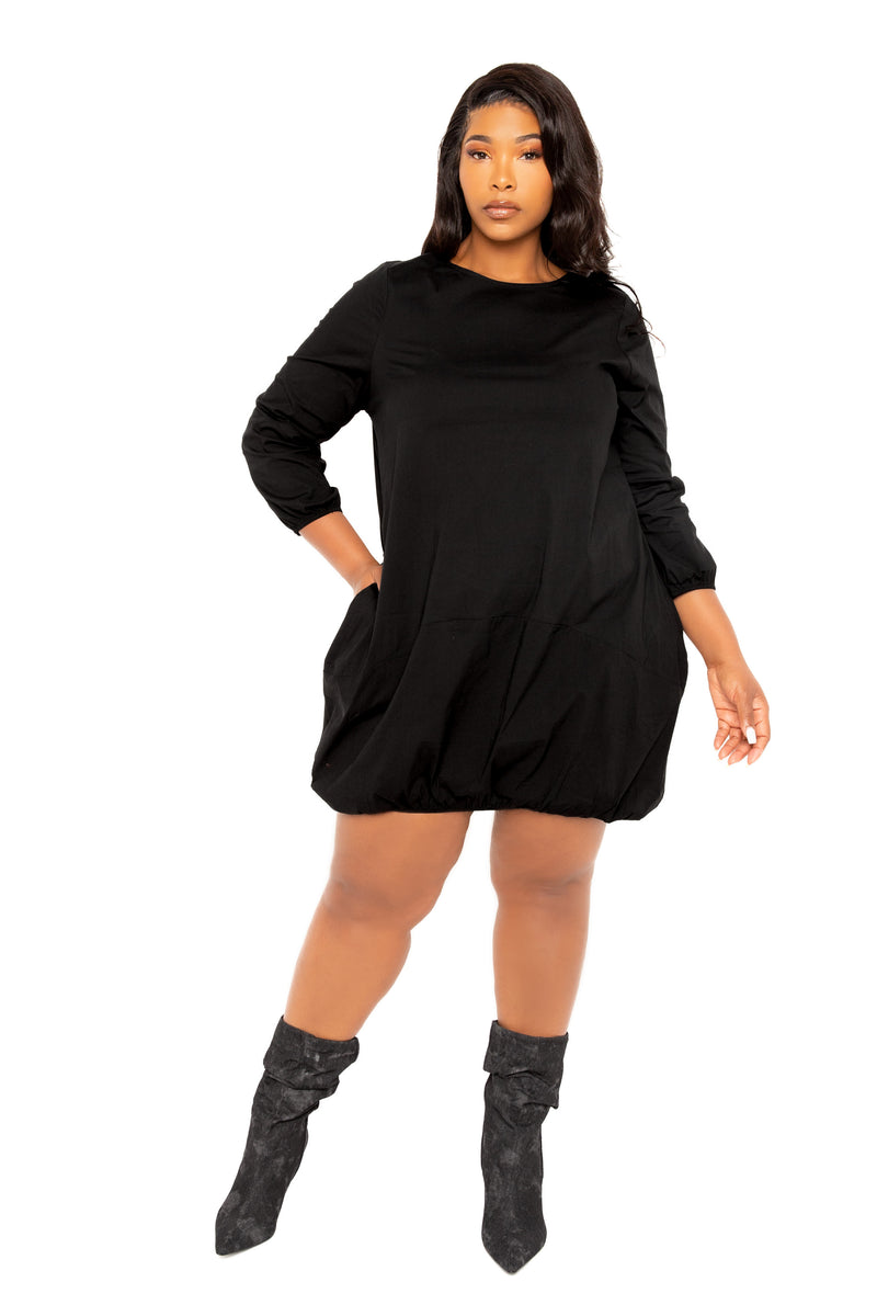 Buxom Couture Curvy Women Plus Size Bubbled Poplin Mini Dress Black