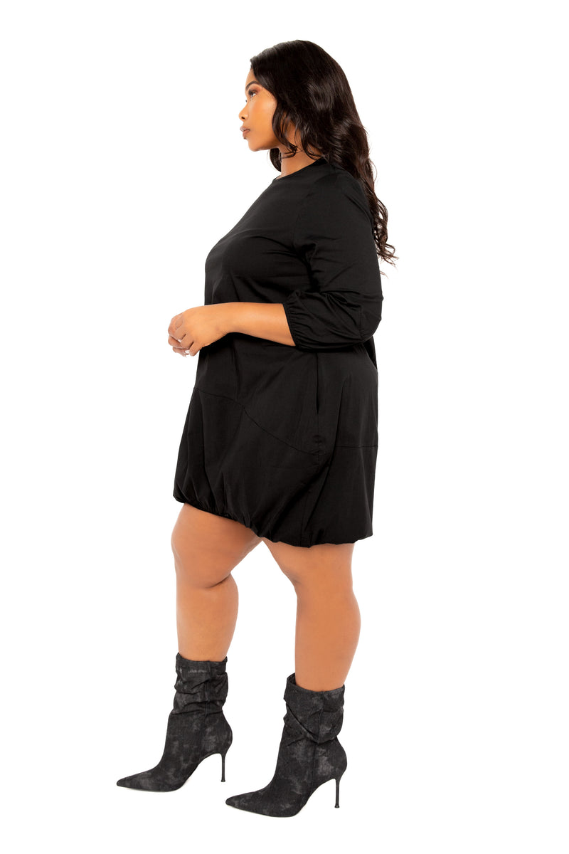 Buxom Couture Curvy Women Plus Size Bubbled Poplin Mini Dress Black