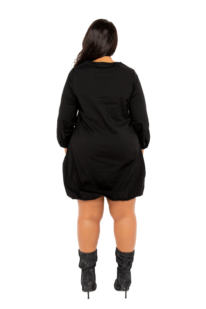 Buxom Couture Curvy Women Plus Size Bubbled Poplin Mini Dress Black