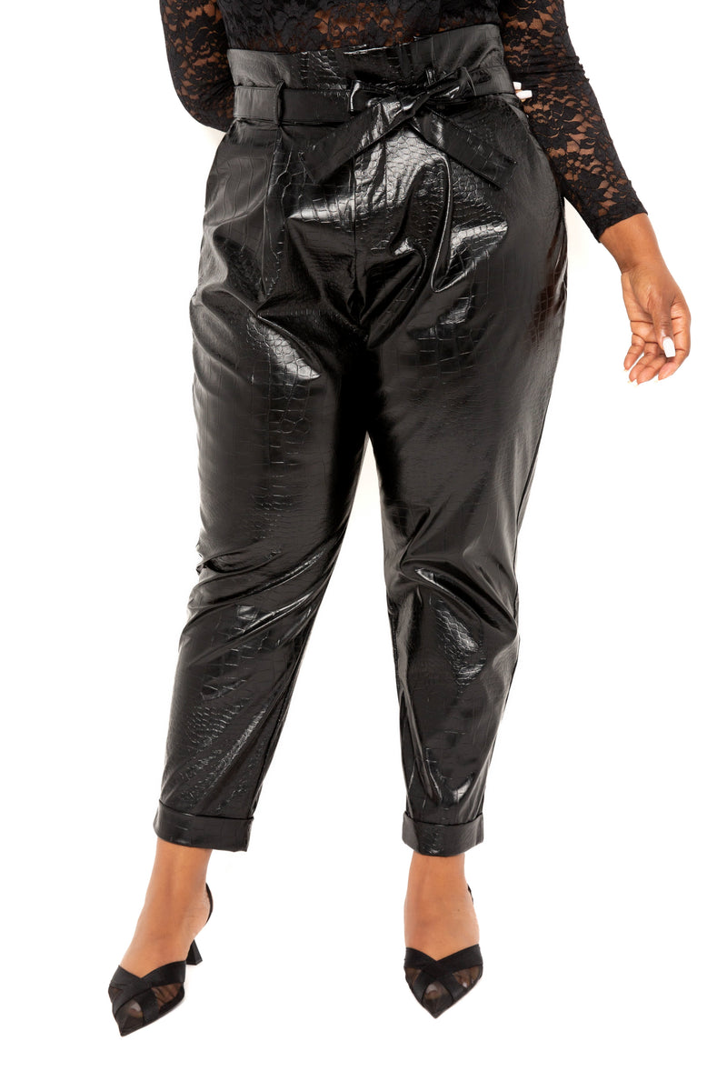 Buxom Couture Curvy Women Plus Size Faux Leather Paperbag Pants Black