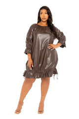 Buxom Couture Curvy Women Plus Size Faux Leather Midi Dress with Drawstring Hem Brown Chocolate