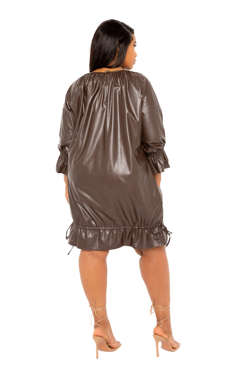 Buxom Couture Curvy Women Plus Size Faux Leather Midi Dress with Drawstring Hem Brown Chocolate