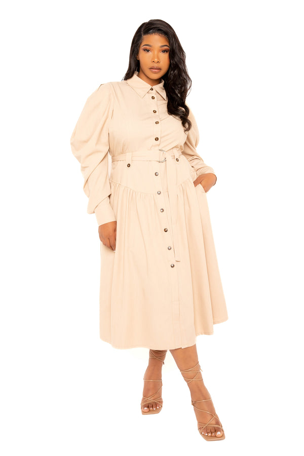Buxom Couture Curvy Women Plus Size Puff Sleeve Trench Jacket Dress Tan Beige