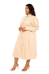 Buxom Couture Curvy Women Plus Size Puff Sleeve Trench Jacket Dress Tan Beige