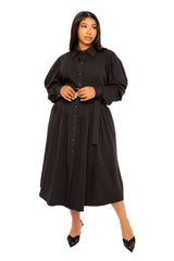 Buxom Couture Curvy Women Plus Size Puff Sleeve Trench Jacket Dress Black