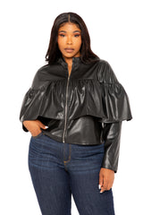 Buxom Couture Curvy Women Plus Size Faux Leather Cropped Ruffle Moto Jacket Black 