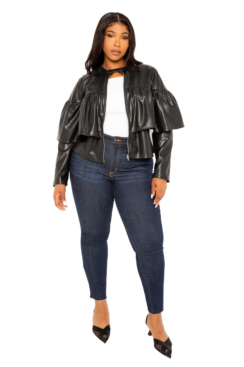 Buxom Couture Curvy Women Plus Size Faux Leather Cropped Ruffle Moto Jacket Black 