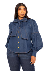 Buxom Couture Curvy Plus Size Bow Neck Puff Sleeve Denim Blouse