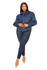 Buxom Couture Curvy Plus Size Bow Neck Puff Sleeve Denim Blouse