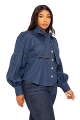 Buxom Couture Curvy Plus Size Bow Neck Puff Sleeve Denim Blouse