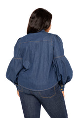 Buxom Couture Curvy Plus Size Bow Neck Puff Sleeve Denim Blouse