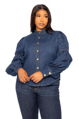 Buxom Couture Curvy Plus Size Bow Neck Puff Sleeve Denim Blouse