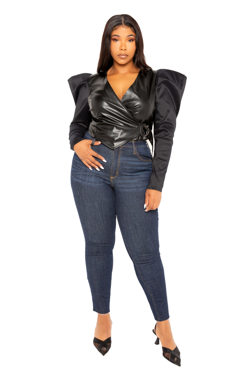 Buxom Couture Curvy Women Plus Size Exaggerated Shoulder Faux Leather Wrapped Top Black