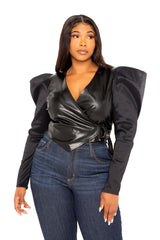 Buxom Couture Curvy Women Plus Size Exaggerated Shoulder Faux Leather Wrapped Top Black