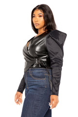 Buxom Couture Curvy Women Plus Size Exaggerated Shoulder Faux Leather Wrapped Top Black