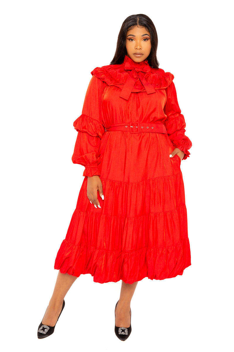 Buxom Couture Women Plus Size Tie Neck Bib Bubbled Hem Midi Dress Red
