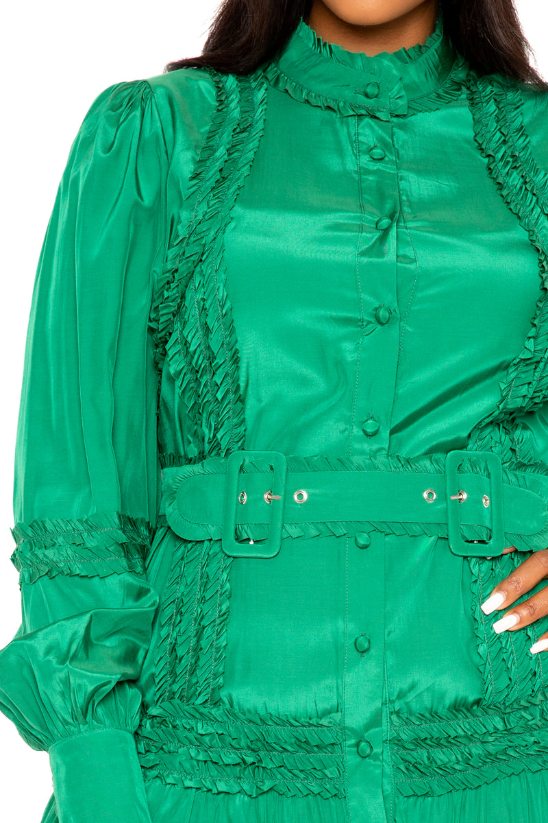 Buxom Couture Women Plus Size Belted Shirt Dress with Ruffle Detail Green