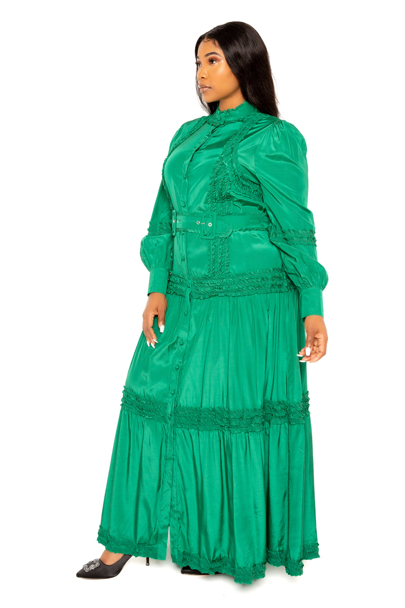 Buxom Couture Women Plus Size Belted Shirt Dress with Ruffle Detail Green