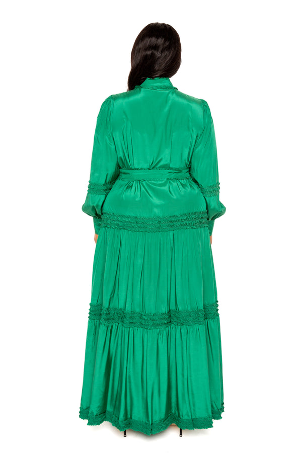 Buxom Couture Women Plus Size Belted Shirt Dress with Ruffle Detail Green