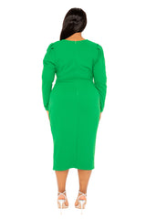 Buxom Couture Curvy Women Plus Size Square Neck Bodycon Dress with Slit Green