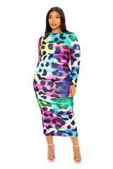 Buxom Couture Curvy Women Plus Size Animal Print Ruched Bodycon Dress Neon Leopard