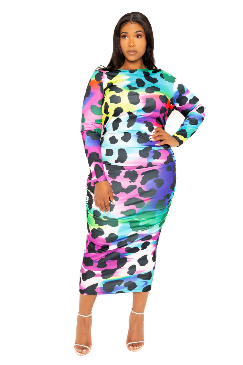 Buxom Couture Curvy Women Plus Size Animal Print Ruched Bodycon Dress Neon Leopard