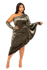 Buxom Couture Curvy Women Plus Size One Shoulder Velvet Dress with Gloves Emerald Gray